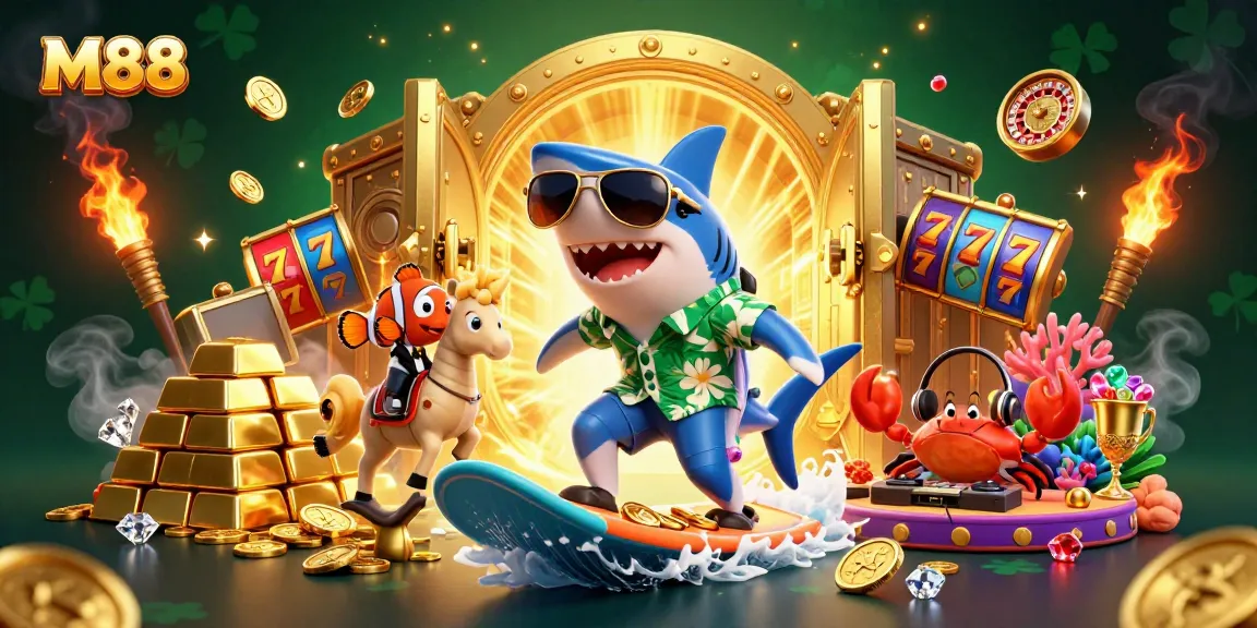 M88 casino illustration featuring a hammer-head shark, clownfish, and crab DJ amidst gold coins, slot reels, and vibrant treasures.