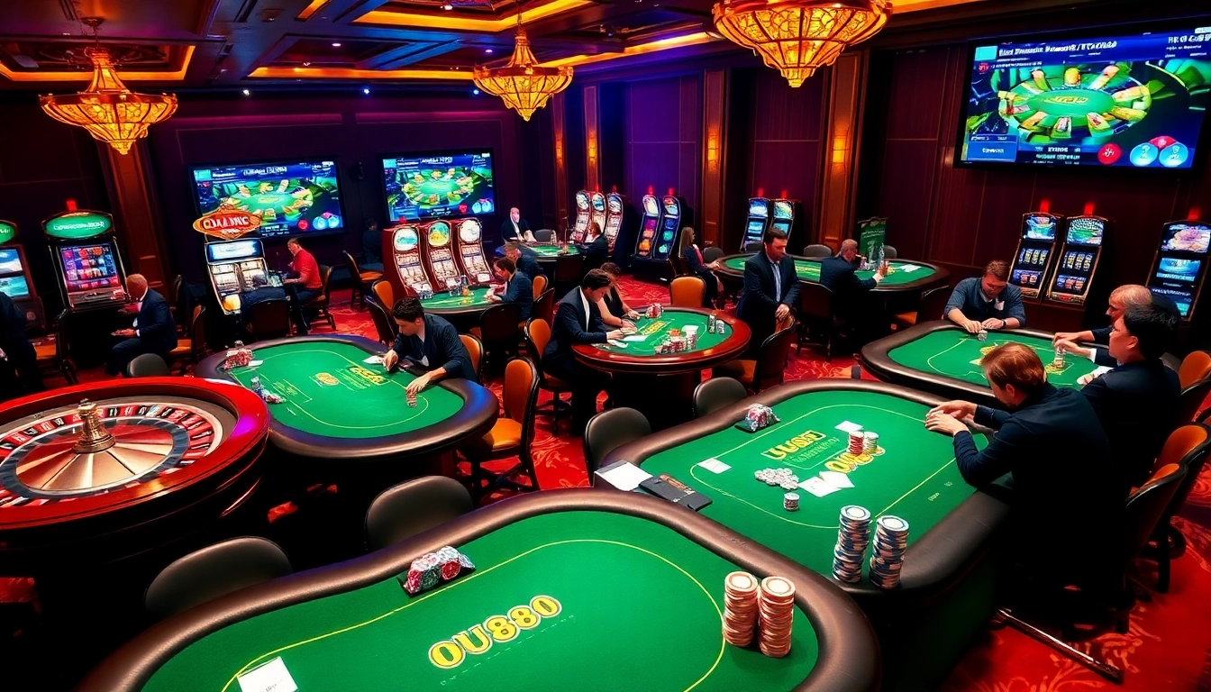 Players engaging with UU88 online gambling at luxurious casino tables featuring poker chips and roulette wheels.