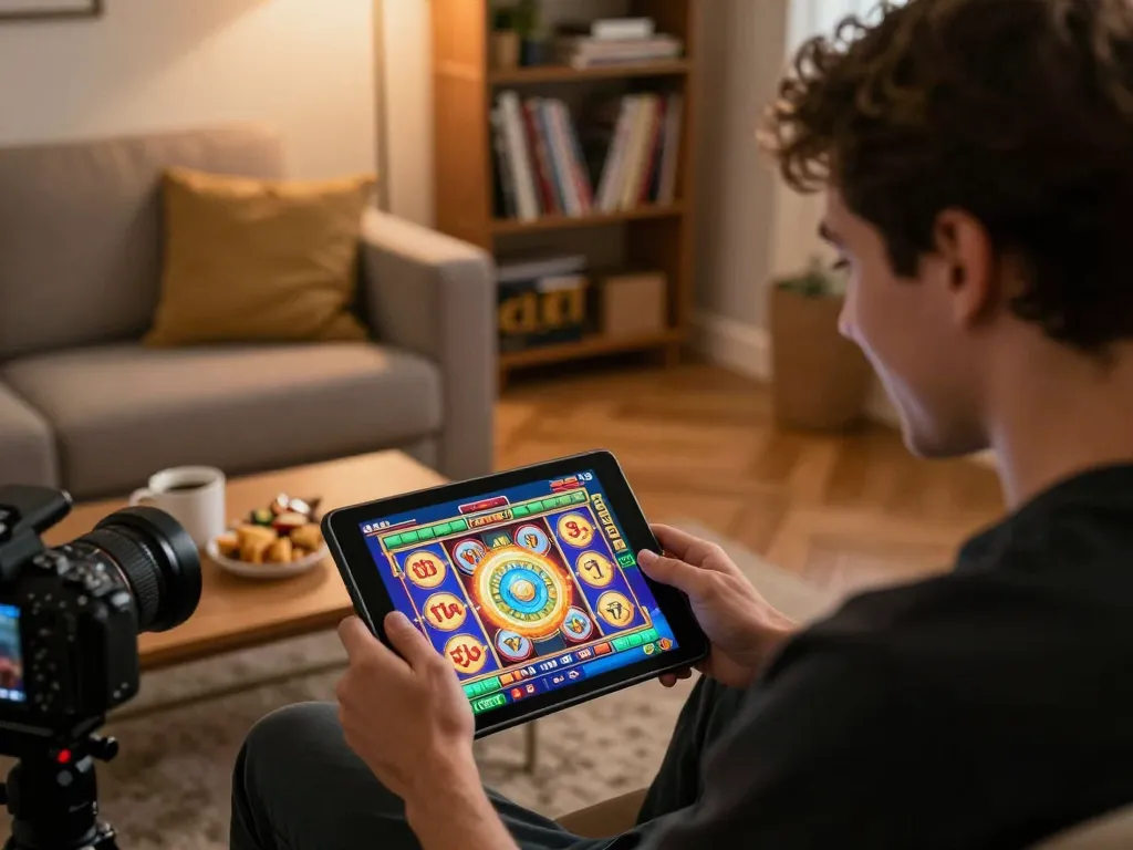 LOTO188 player enjoying live online slots on tablet in a cozy home setting