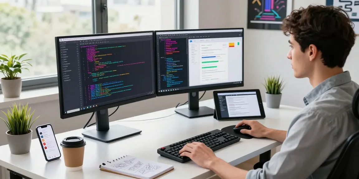 Engaged developer at a modern workspace, showcasing 纸飞机中文版官网 use in a productive tech environment.