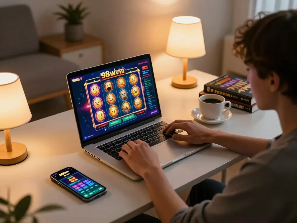 Player enjoying 98win slot games on a laptop, showcasing vibrant graphics in a cozy home gaming setup