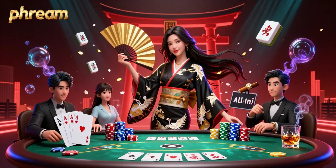 Engage with phdream's vibrant casino scene featuring elegant woman, poker elements, and dynamic game action.