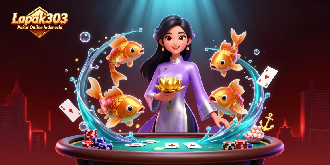 Play poker and excel at Lapak303 Poker Online Indonesia with an elegant woman and lucky koi fish.