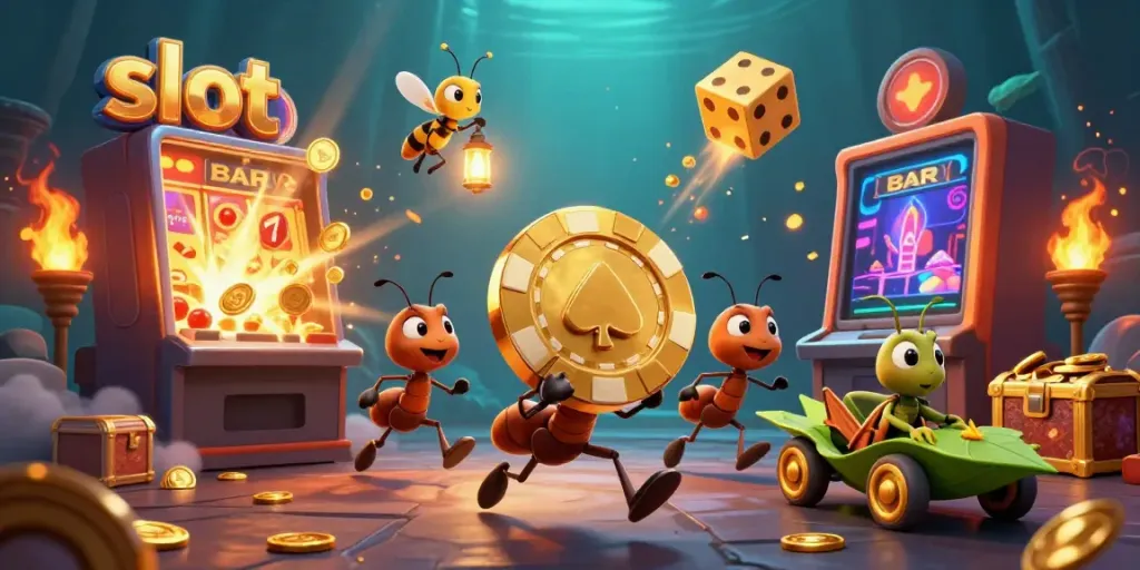 Tim semut 3D membawa chip poker emas di slot kasino, dikelilingi oleh koin kejutan dan simbol keberuntungan.