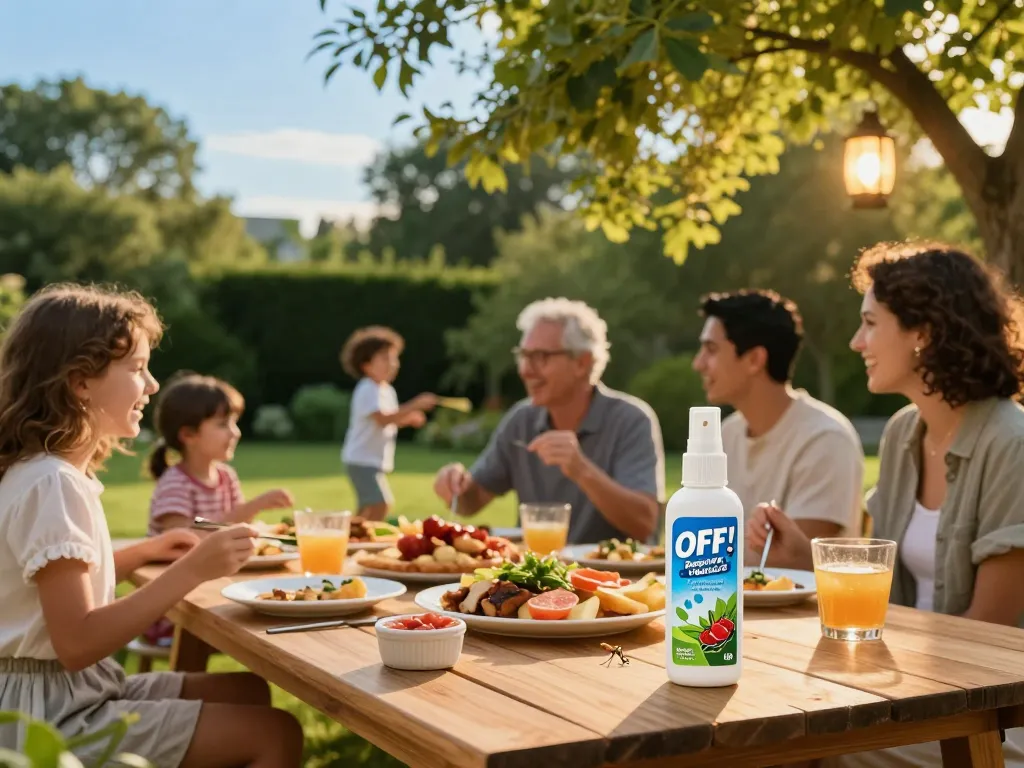 Group enjoying outdoor barbecue while applying the best mosquito repellent for protection against bugs.