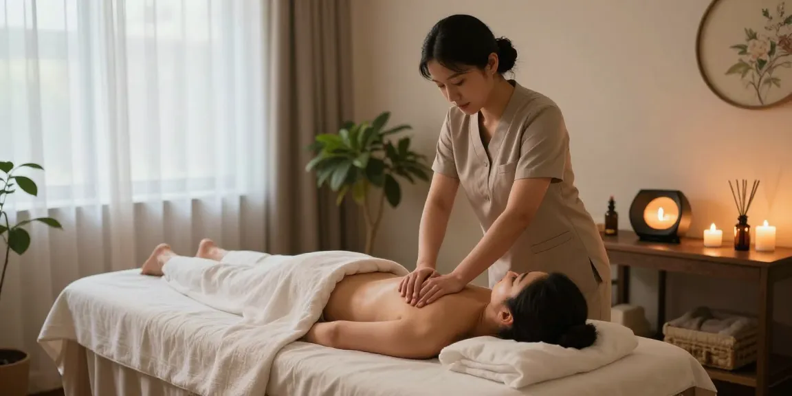 마사지 중인 치료사와 고객이 편안한 마사지 공간에서 휴식을 취하는 모습