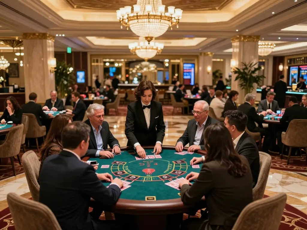 Fly88 players strategizing at a high-stakes baccarat table in an upscale casino environment