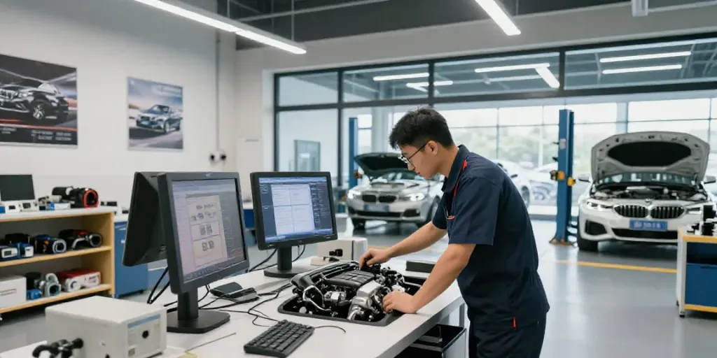 Expert BMW werkstatt hannover technician inspecting an engine in a modern workshop.