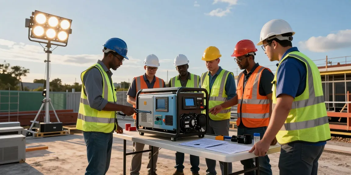 Team assessing portable gas generator at outdoor construction site, showcasing innovative energy solutions.