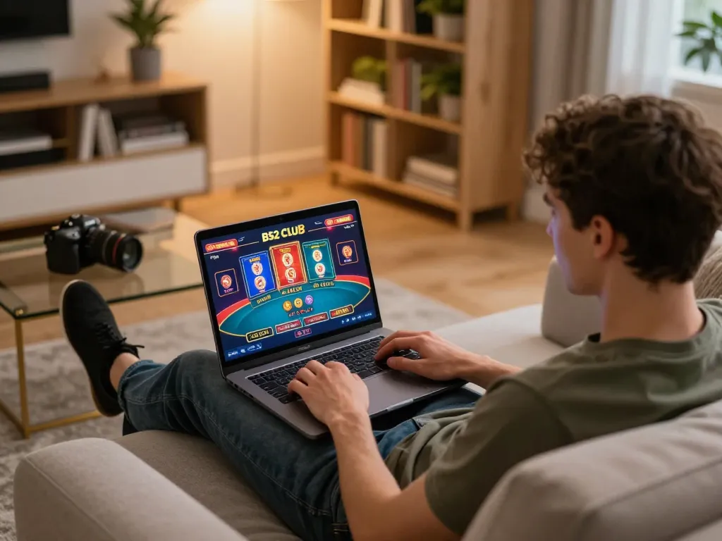 B52 Club online gaming scene with a player engaging in a poker game at home