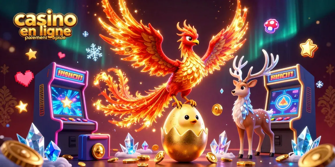 Retirez vos gains rapidement grâce au casino en ligne paiement rapide, illustration dynamique avec phoenix et éléments de jeu.