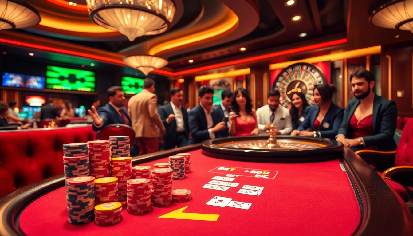 KJC players engaging at an elegant poker table in a vibrant casino atmosphere.