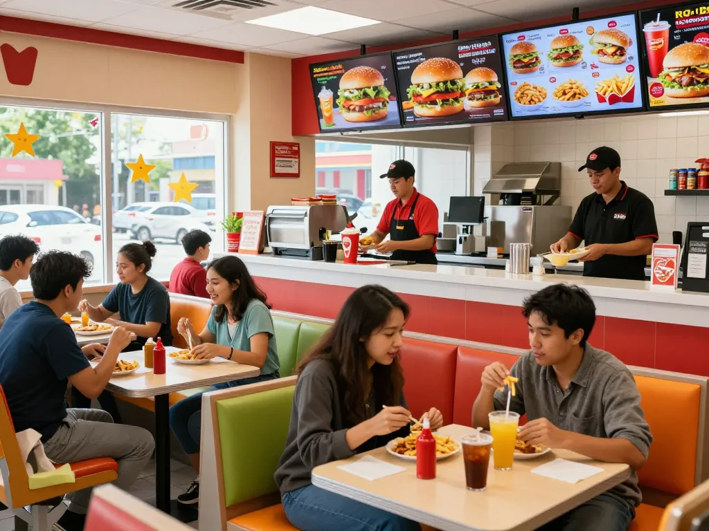Fast food menu displayed in a lively restaurant with customers enjoying meals.