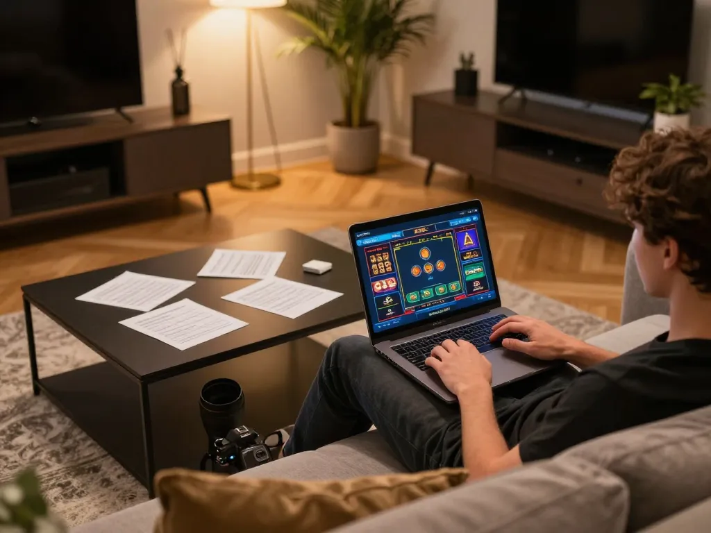 Engaging in alexis77 login while enjoying online casino games from a cozy home setup with strategic notes.