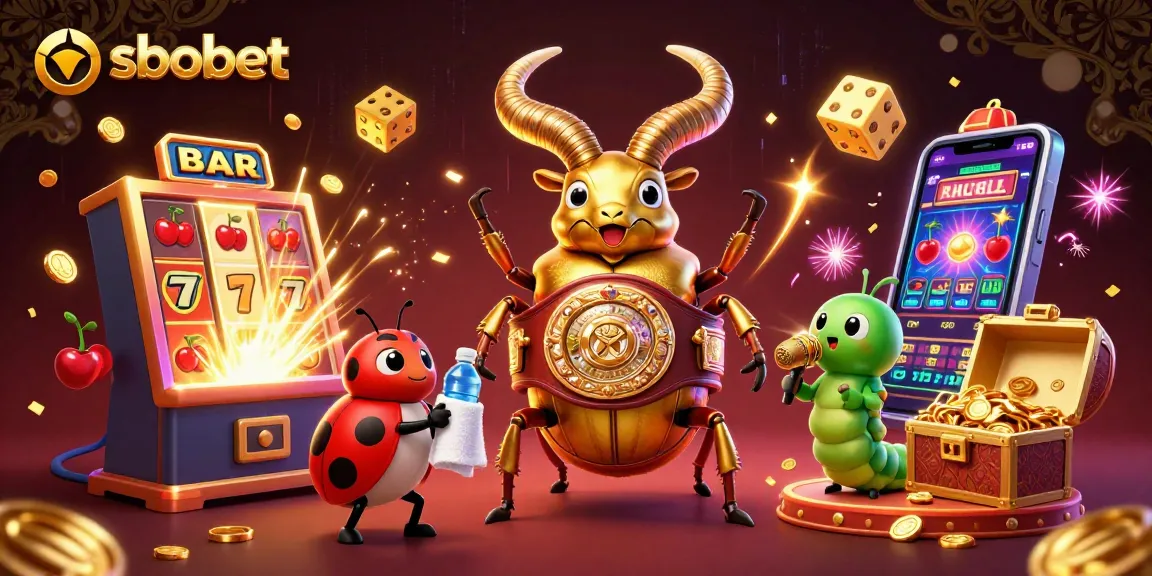 SBOBET betting scene with a giant golden stag beetle champion, action-packed slots and casino elements.
