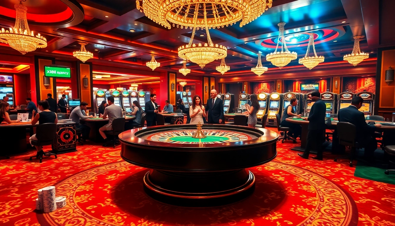 Players enjoy a lively game at x88.agency's casino, featuring a glamorous roulette table and plush surroundings.