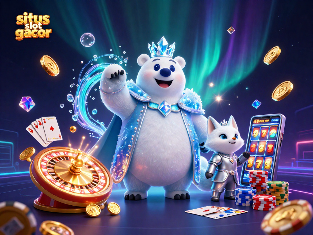 Situs slot gacor menampilkan karakter beruang kutub raja dan rubah salju dikelilingi koin emas dan mesin slot.