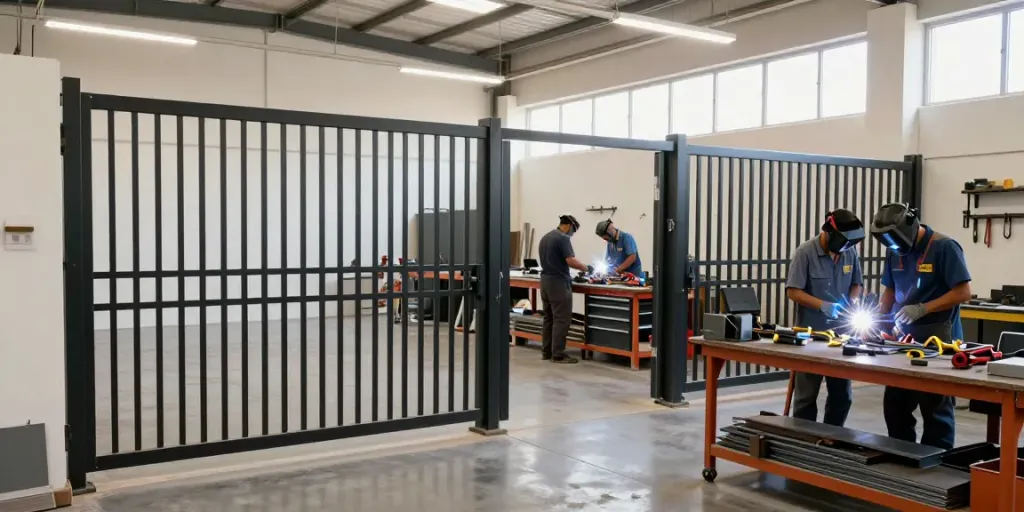 Al taher carpentry and aluminium professionals crafting custom metal gates in a bright workshop