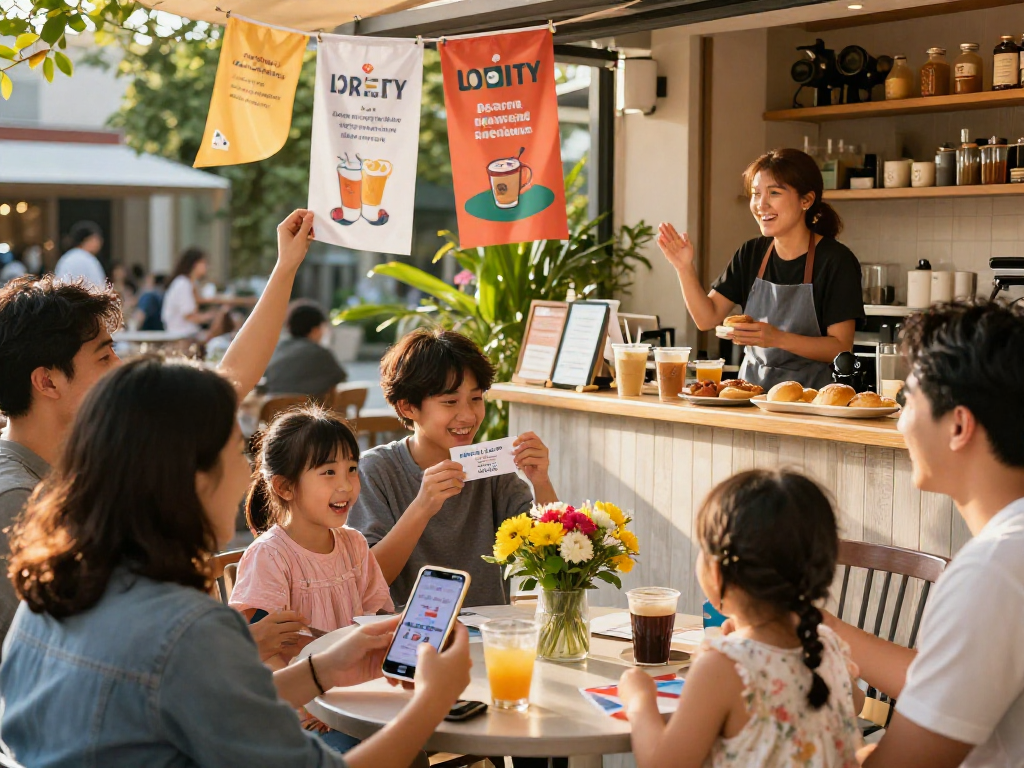 Customers enjoying rewards through a loyalty app at a café setting, showcasing engagement and community.