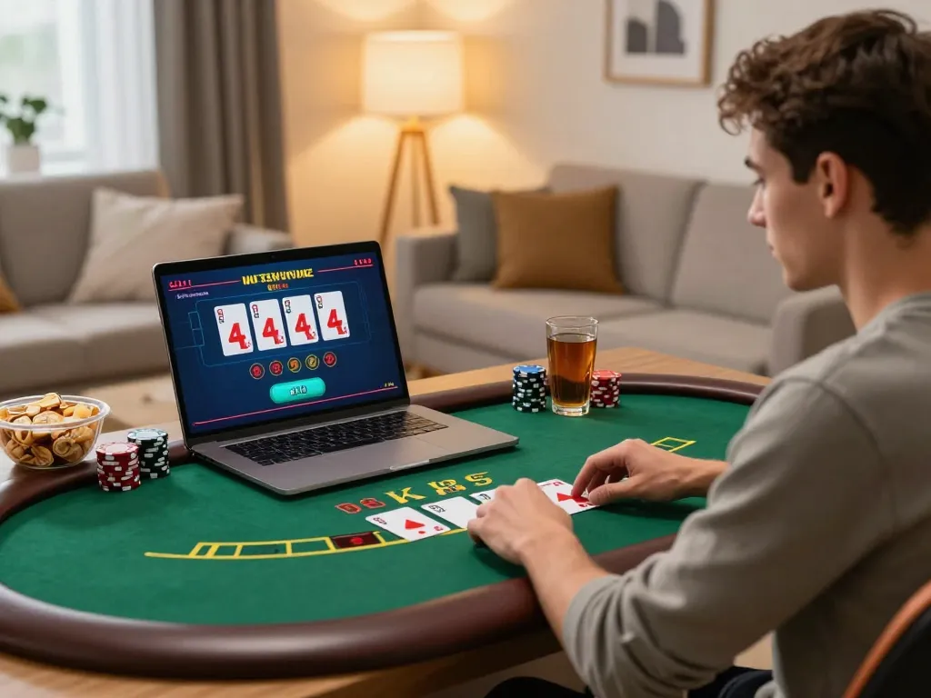Engaging moment at online casino with thabet player focused on live blackjack gameplay.