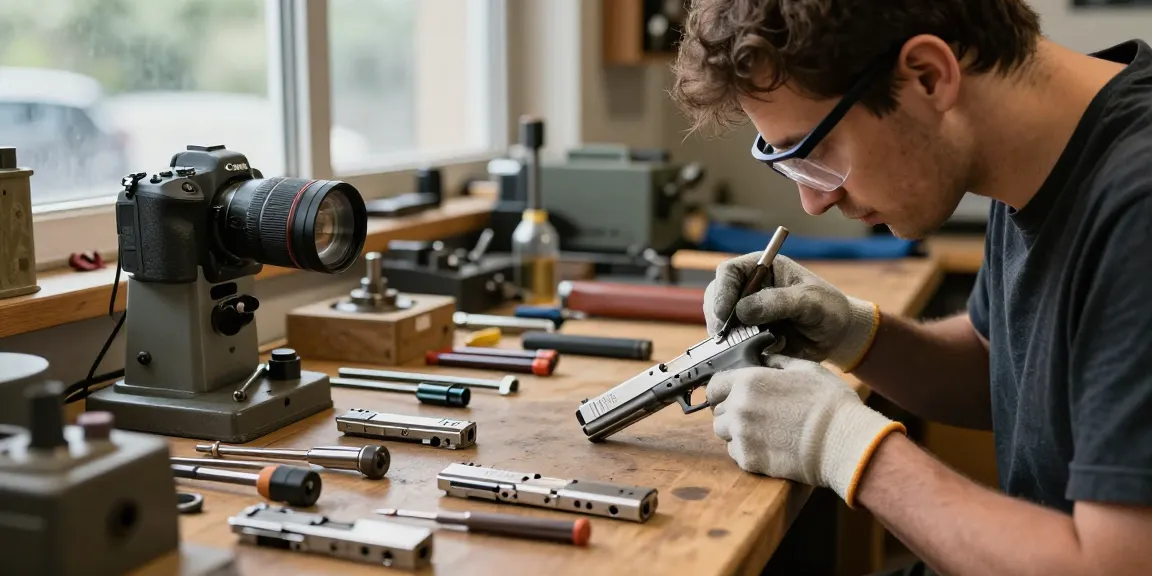 Gunsmith working on high-quality Glock slides at https://precisionglockslides.com with precision tools, sunlight illuminating the workspace.