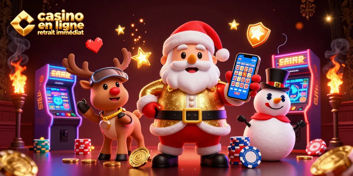 Gagnez avec le casino en ligne retrait immédiat grâce à un jeu joyeux de machines à sous et de personnages de Noël.