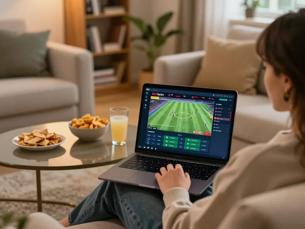 Engaging in online betting on Xoilactv at home, showcasing live football matches.