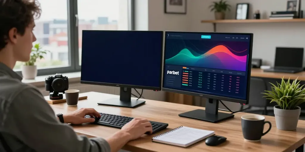 Parsbet ile çevrimiçi bahis analizi yapan bir kullanıcı, modern ofis ortamında.