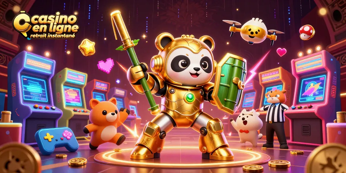 Illustration dynamique représentant un panda en armure de combat dans un casino en ligne retrait instantané, entouré de machines de jeu colorées.