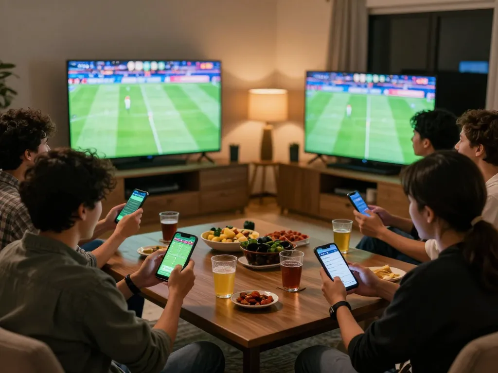 Socolive tv captures friends enjoying a thrilling sports betting experience on a match night, engaging with betting apps.