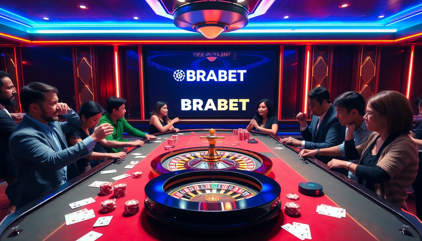 BRABET gaming enthusiasts enjoy a thrilling encounter at a sophisticated casino table, complete with roulette and poker chips.