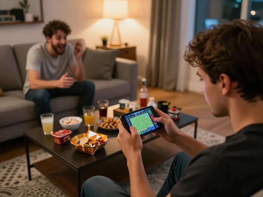 N188 casino player engaging in live sports betting on a smartphone, creating an immersive home gaming experience.