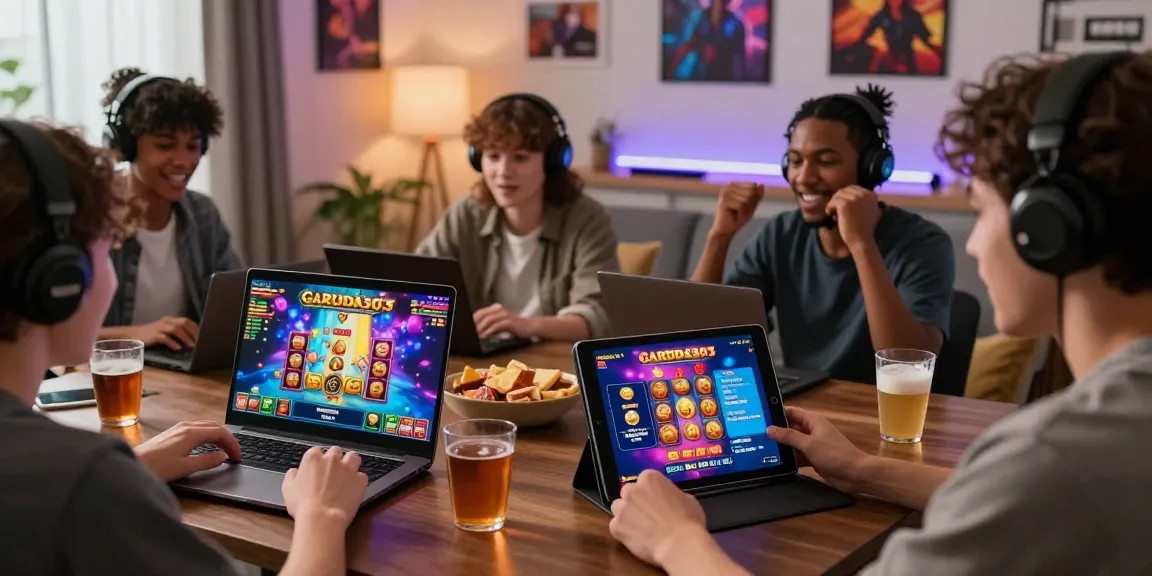 Engaging players immersed in GARUDA303 slot games in a cozy and vibrant gaming setup.