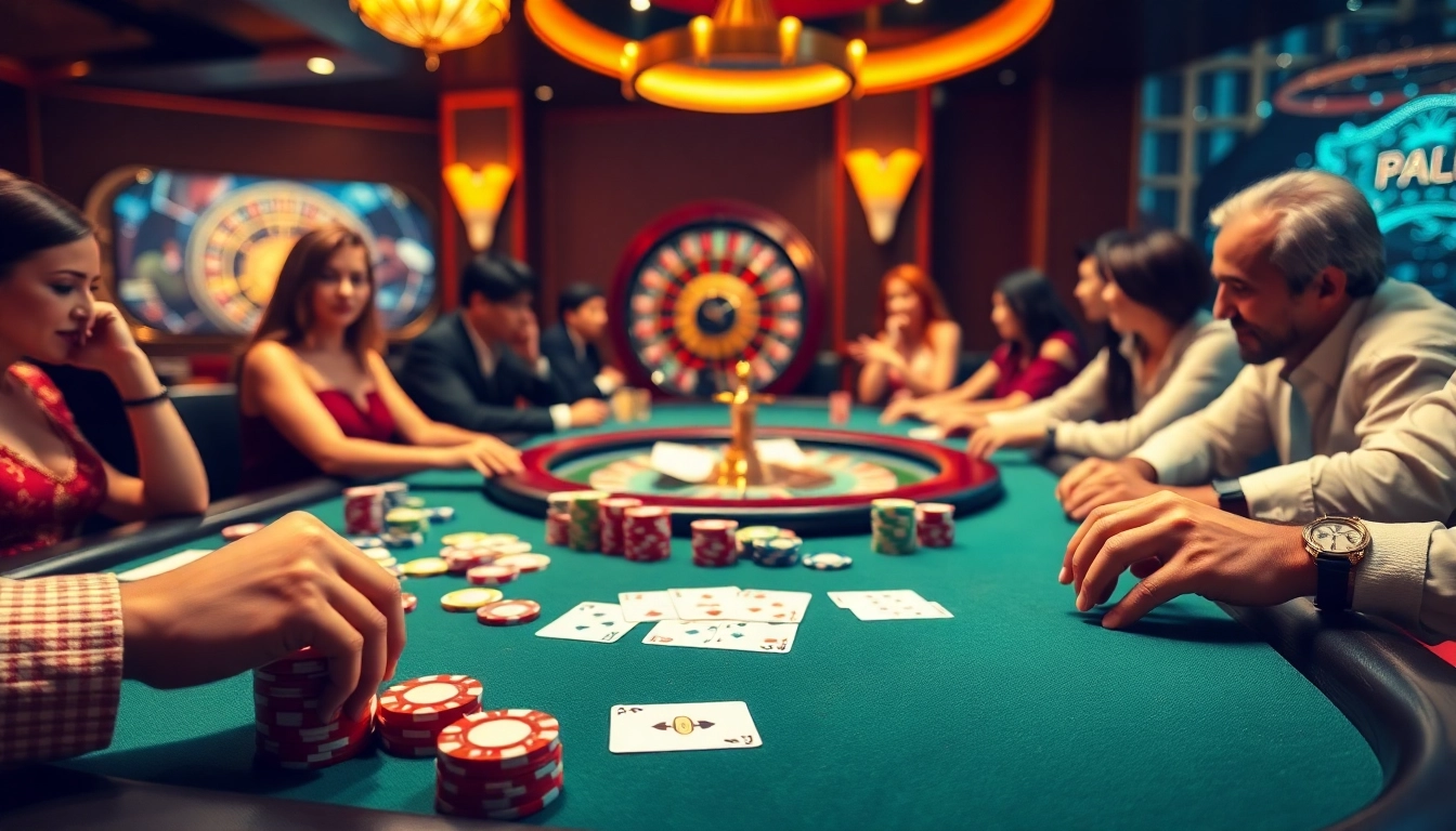 Experience thrilling gameplay at nhà cái thabet with vibrant casino tables and engaged gamblers.