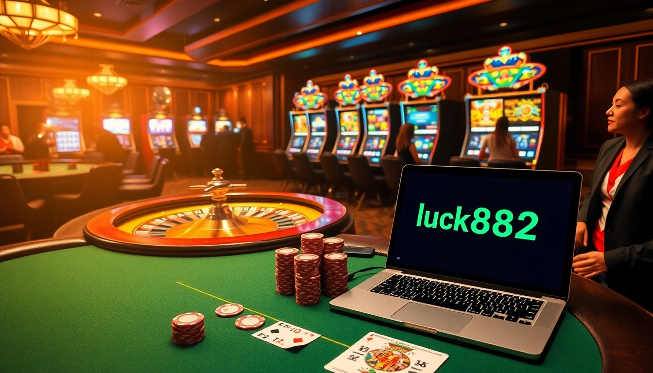 Players enjoying a vibrant game scene at https://luck882.co.com/, with poker chips and slot machines emphasizing excitement.