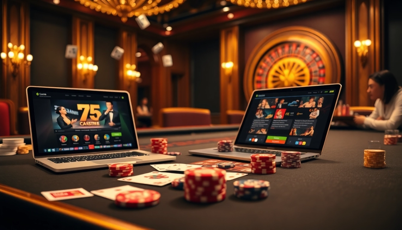 Scène de jeu engageante montrant un casino en ligne avec des cartes colorées, des jetons et une roue de roulette.