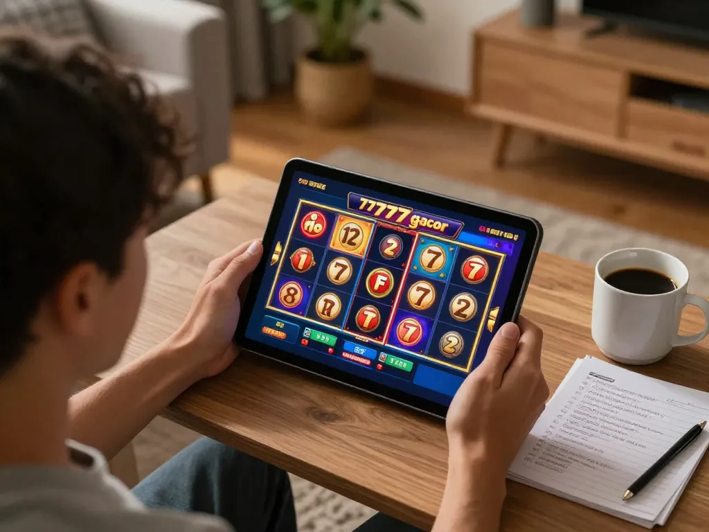 Engaged player enjoying slot777 gacor game on tablet in cozy home setting, showing strategy notes and a vibrant screen.