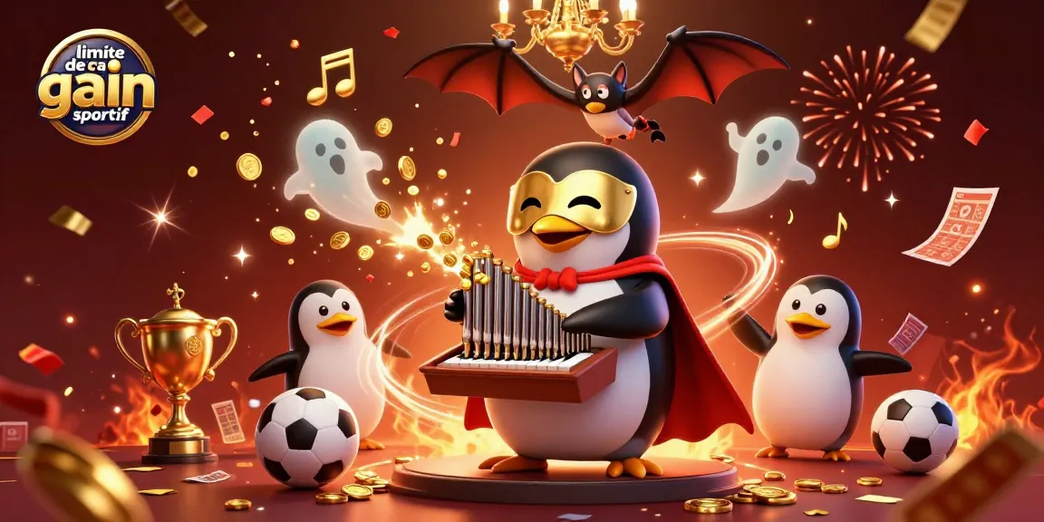 Découvrez la limite de gain paris sportif avec un pingouin fantôme jouant de l'orgue, des éléments de paris sportifs autour.