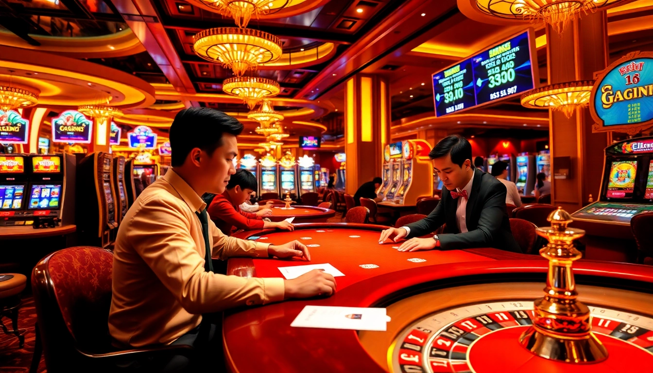 Players engaging in high-stakes poker at 888VND, surrounded by vibrant casino elements.
