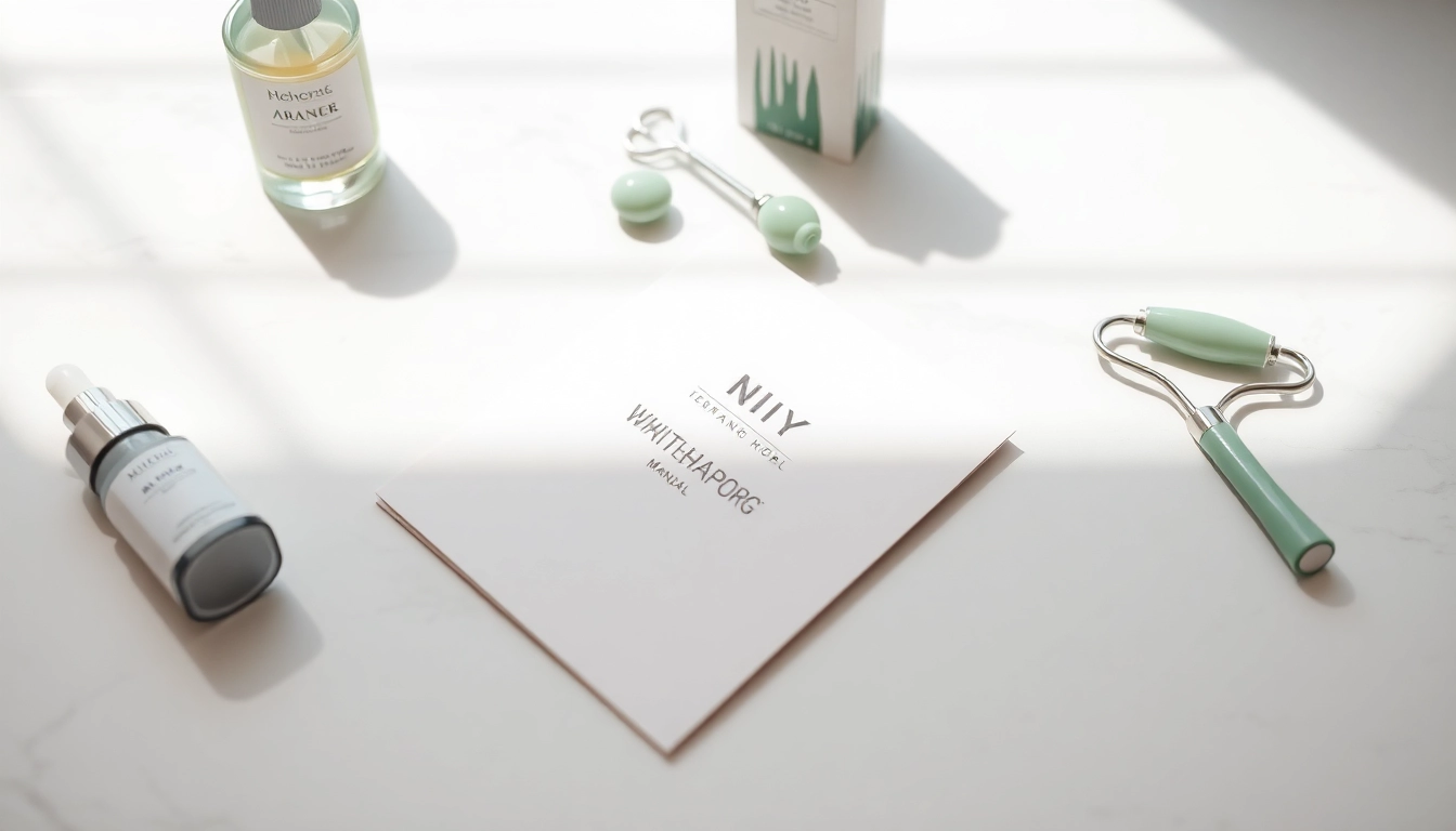 Facial whitening instrument manual placed aesthetically among beauty products.