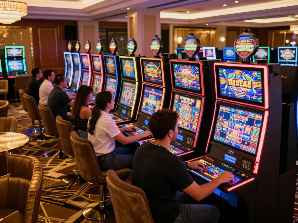 Players enjoying vibrant slot gaming experience in an upscale casino environment.