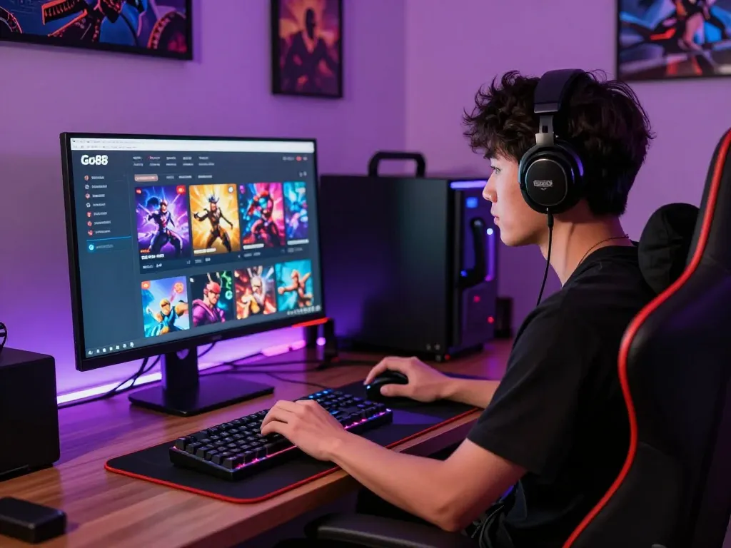 Engaging gamer immersed in Go88 online gaming platform, surrounded by modern gaming accessories and vibrant atmosphere.