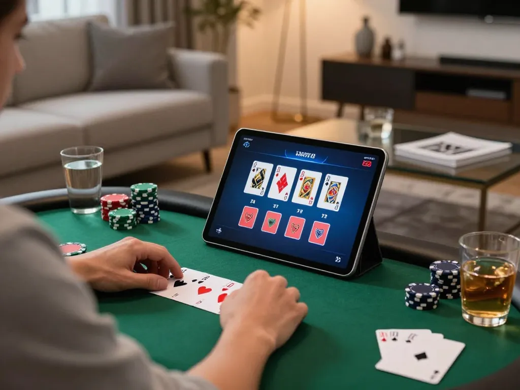 Engaging in online poker at home with okwin app on tablet, showcasing strategy and comfort.