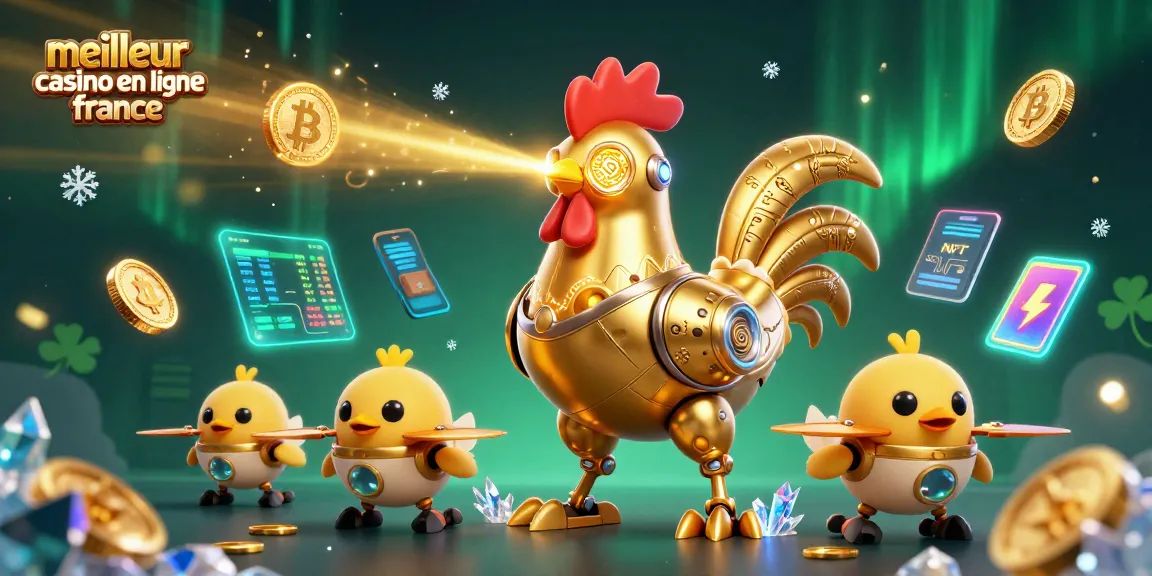 Illustration 3D d'un robot coq doré futuriste avec des drones de poussins, représentant le meilleur casino en ligne France