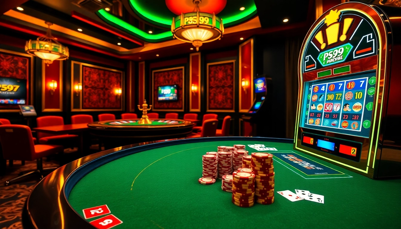 PS99 features a glamorous casino atmosphere with high-stakes poker and vibrant slot machines.