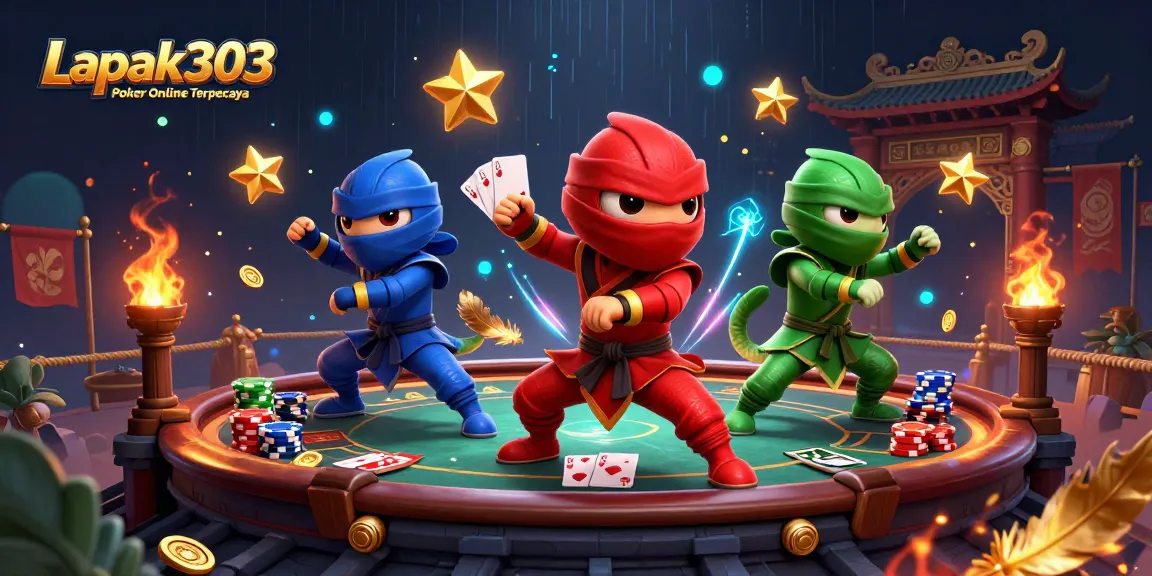 Engage with Lapak303 Poker Online Terpercaya through a vibrant poker scene featuring ninja chameleons.