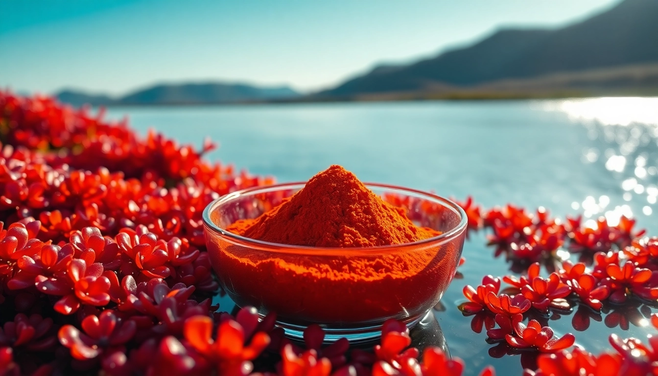 Discover astaxanthin Canada powder in a vibrant natural setting, showcasing its health benefits.