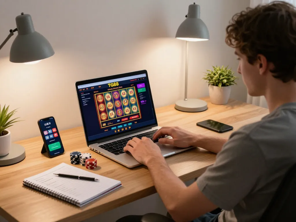 Player engaging in the TG88 online casino experience with focused gameplay at home, showcasing strategic gambling elements and a cozy atmosphere