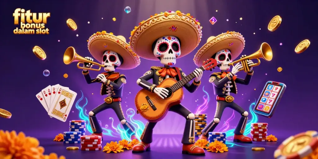 Menampilkan fitur bonus dalam slot dengan kasino berdimensi penuh dan simbol keberuntungan yang kaya.