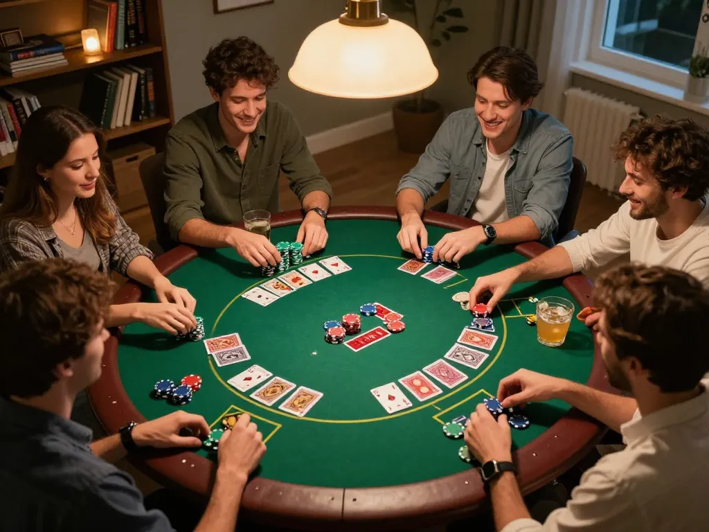 Friends play poker at home showcasing the excitement of Nhà cái Bet88.